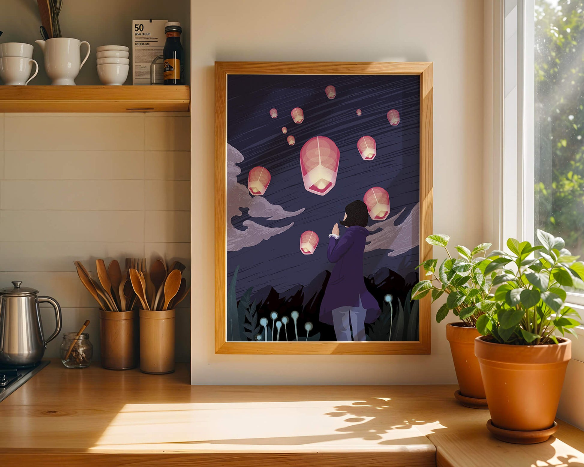 Girl Watching Pink Lanterns Soaring into the Night Sky