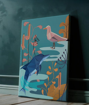 Geometric Dolphin and Seagull with Floral Elements in Abstract Nature