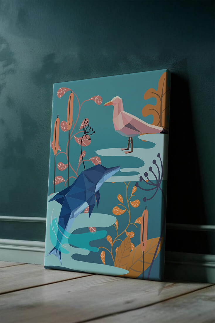 Geometric Dolphin and Seagull with Floral Elements in Abstract Nature
