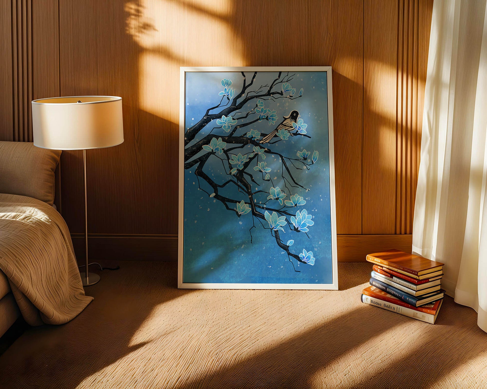 Bird on a branch with blue flowers against a snowy background