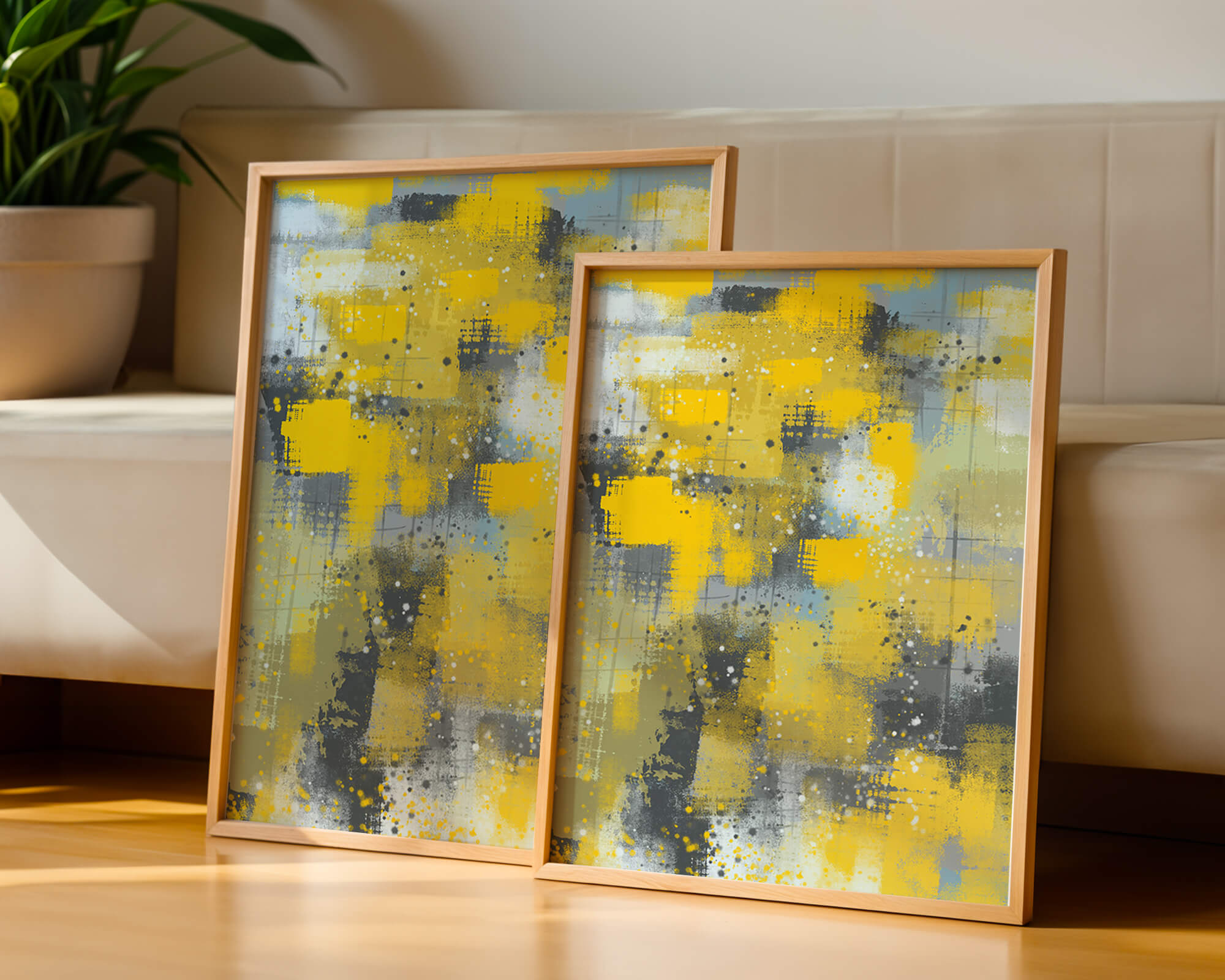 Abstract Yellow and Gray Geometric Art with Textured Patterns - Mi tienda