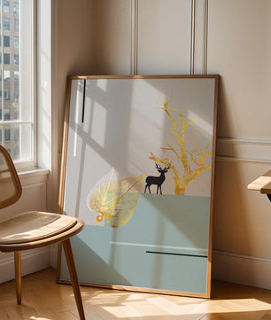 Abstract Deer with Golden Elements and Leaves on Minimalist Background