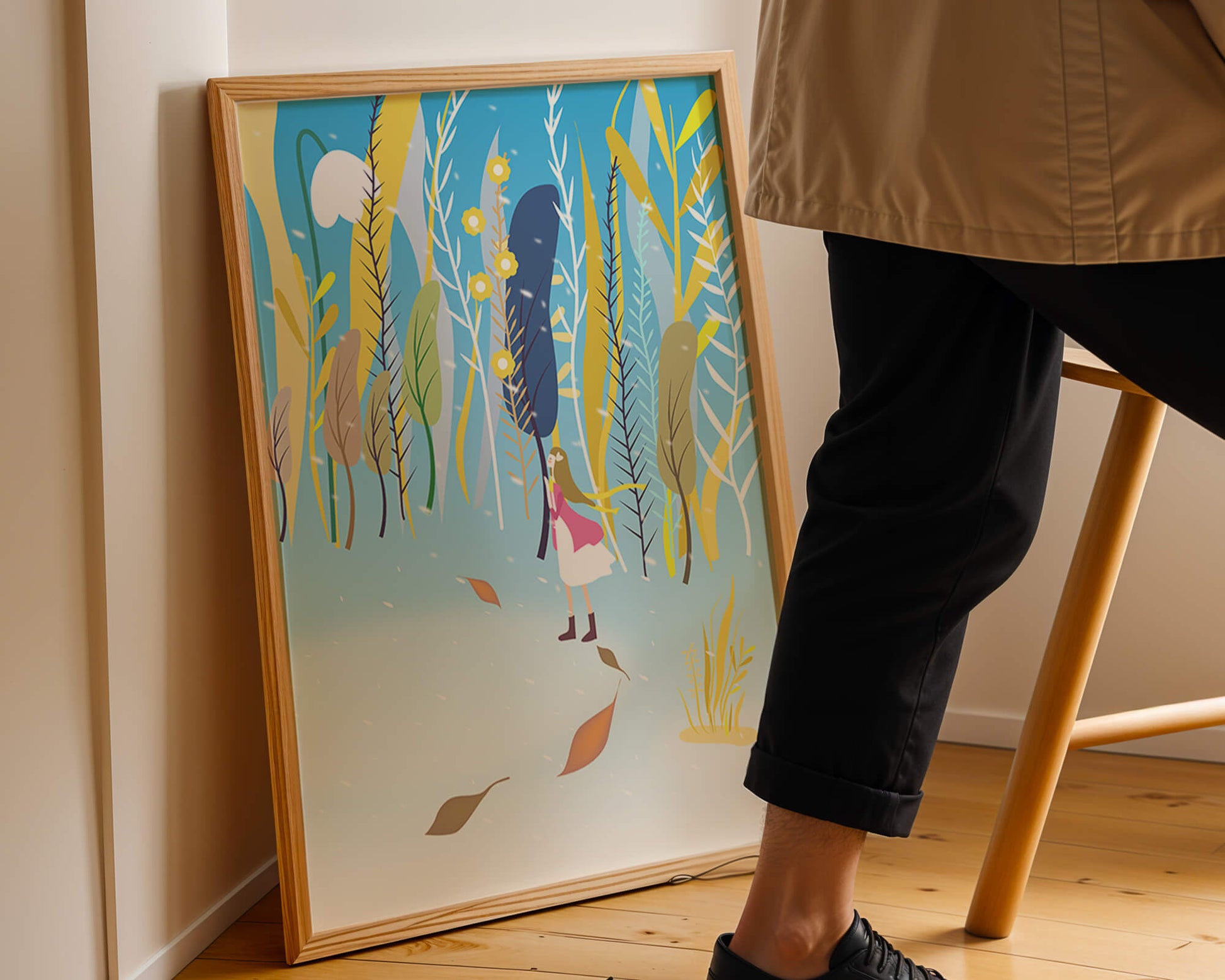 Ilustración caprichosa de una niña en un bosque abstracto vibrante