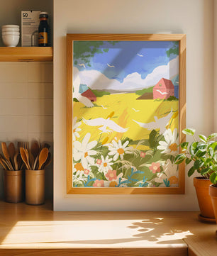 Summer Landscape with Birds and Flowers in a Pastoral Setting