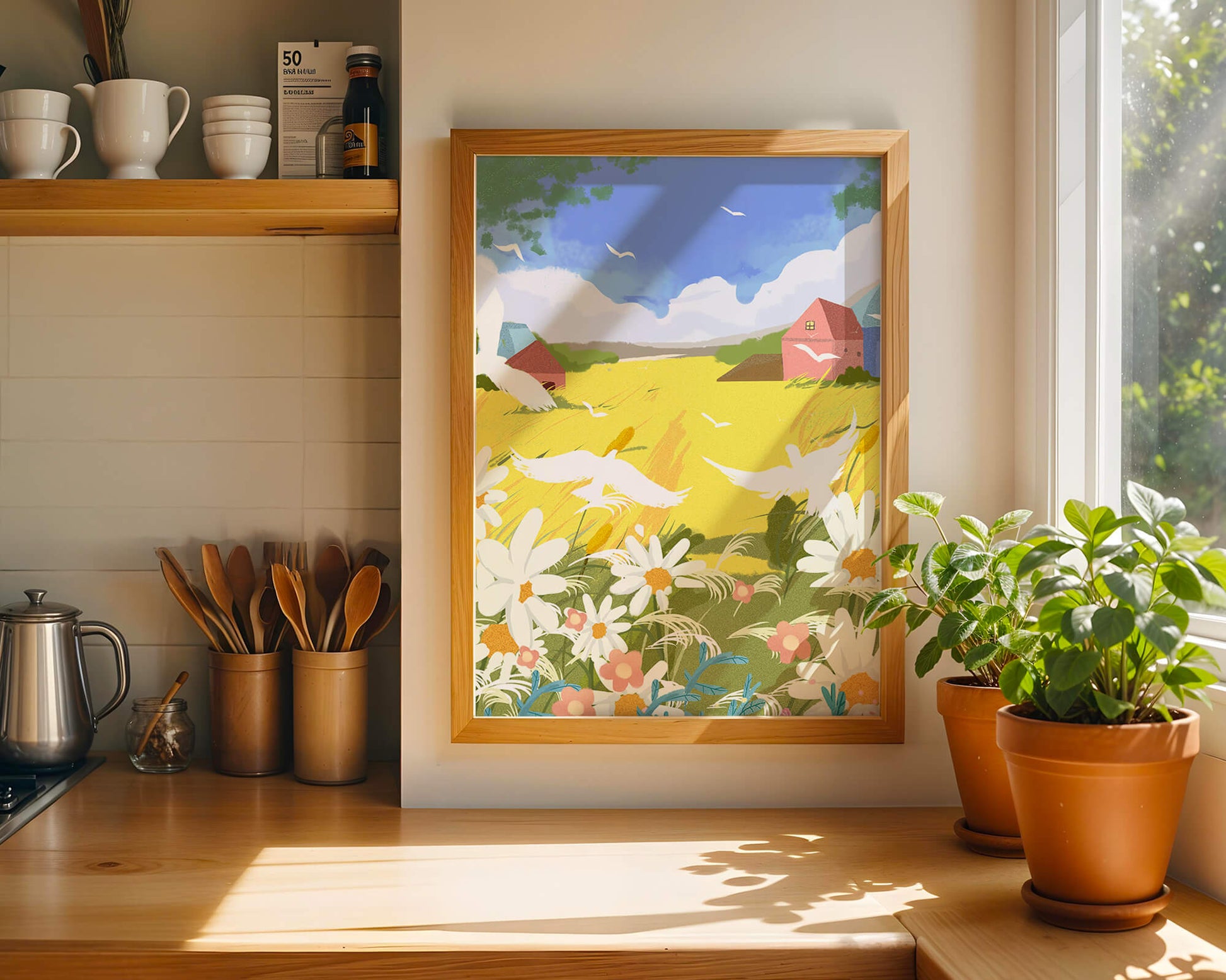 Summer Landscape with Birds and Flowers in a Pastoral Setting
