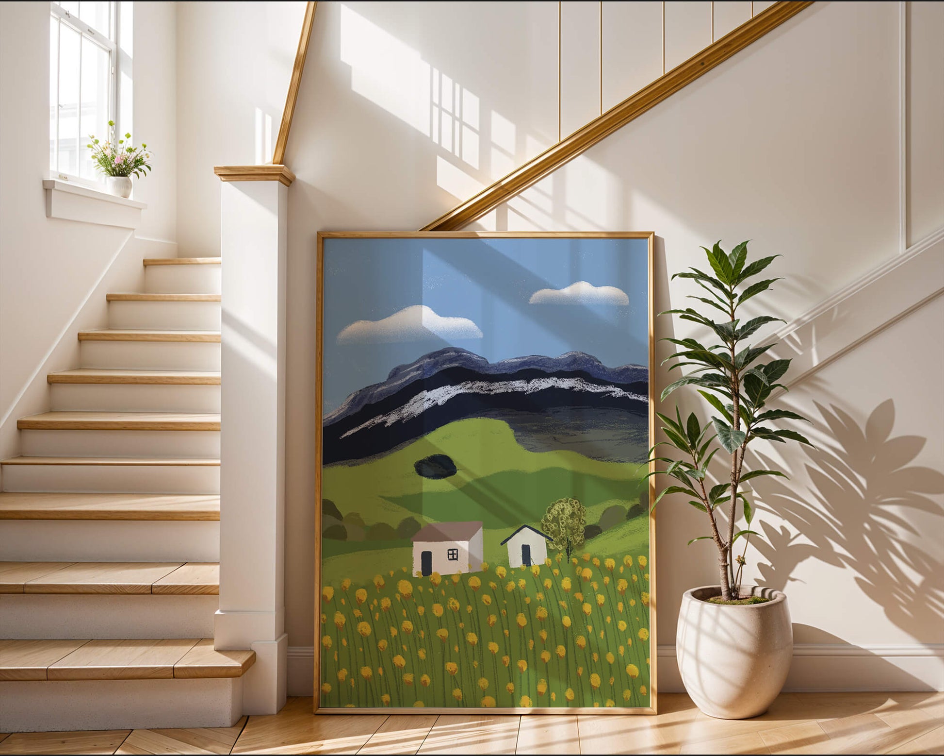 Peaceful Rural Landscape with Houses and Yellow Flowers under Blue Sky