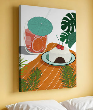 Tropical Dessert with Cherries and Refreshing Drink Under a Parasol
