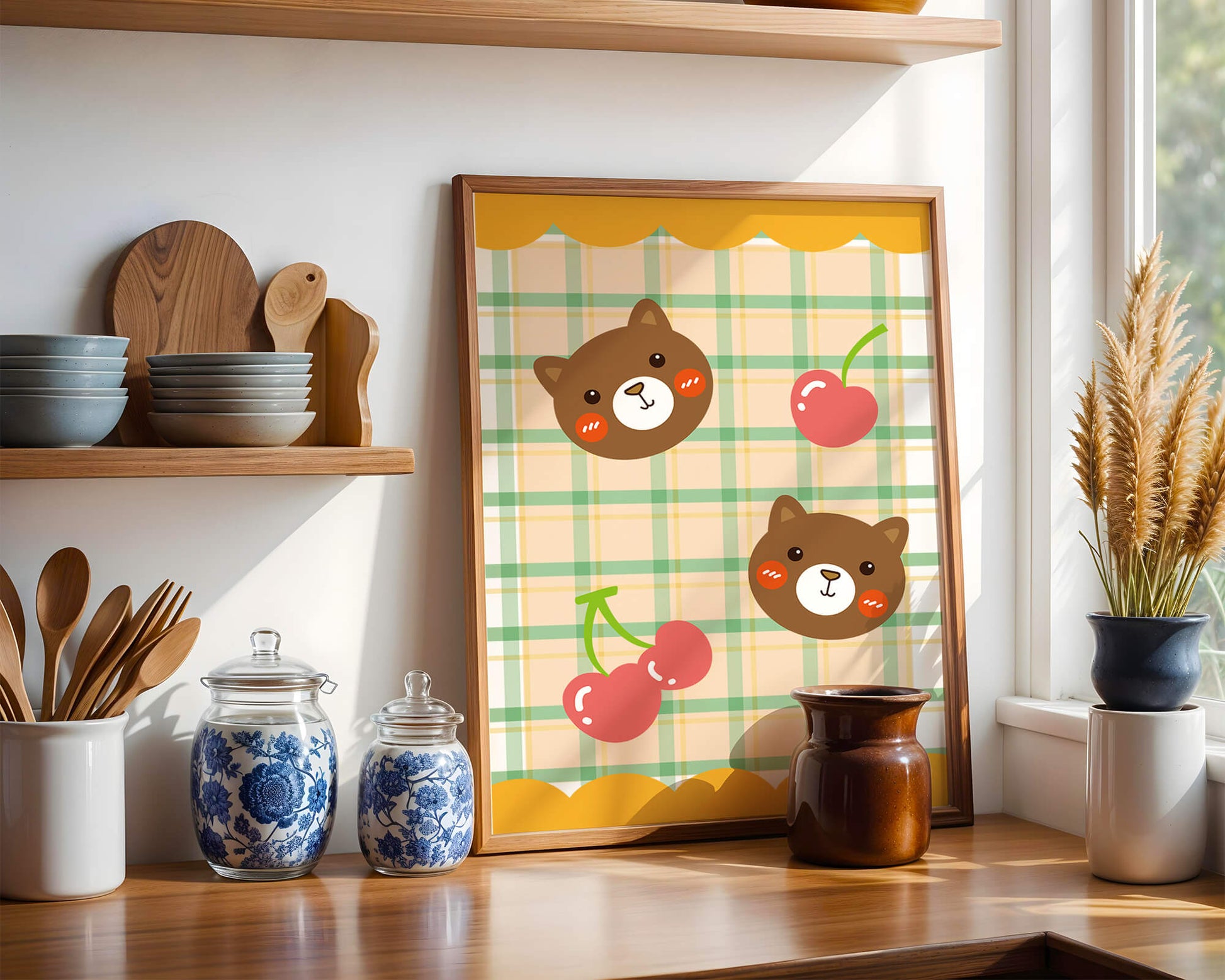 Playful bear and cherry pattern with plaid background
