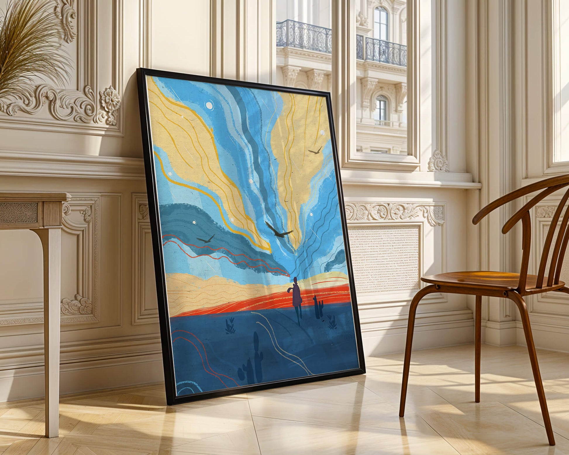 Colorful abstract landscape with figure and birds
