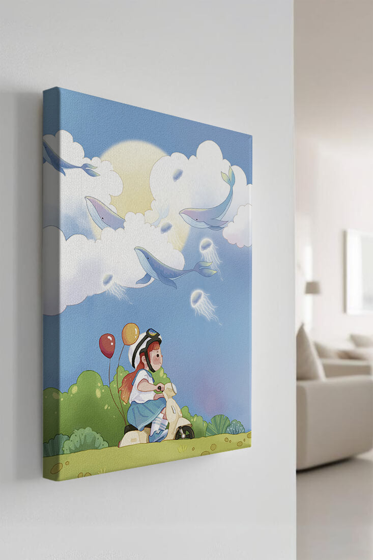 Whimsical illustration of a child riding a scooter with floating whales and balloons