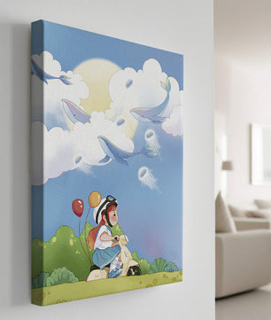 Whimsical illustration of a child riding a scooter with floating whales and balloons