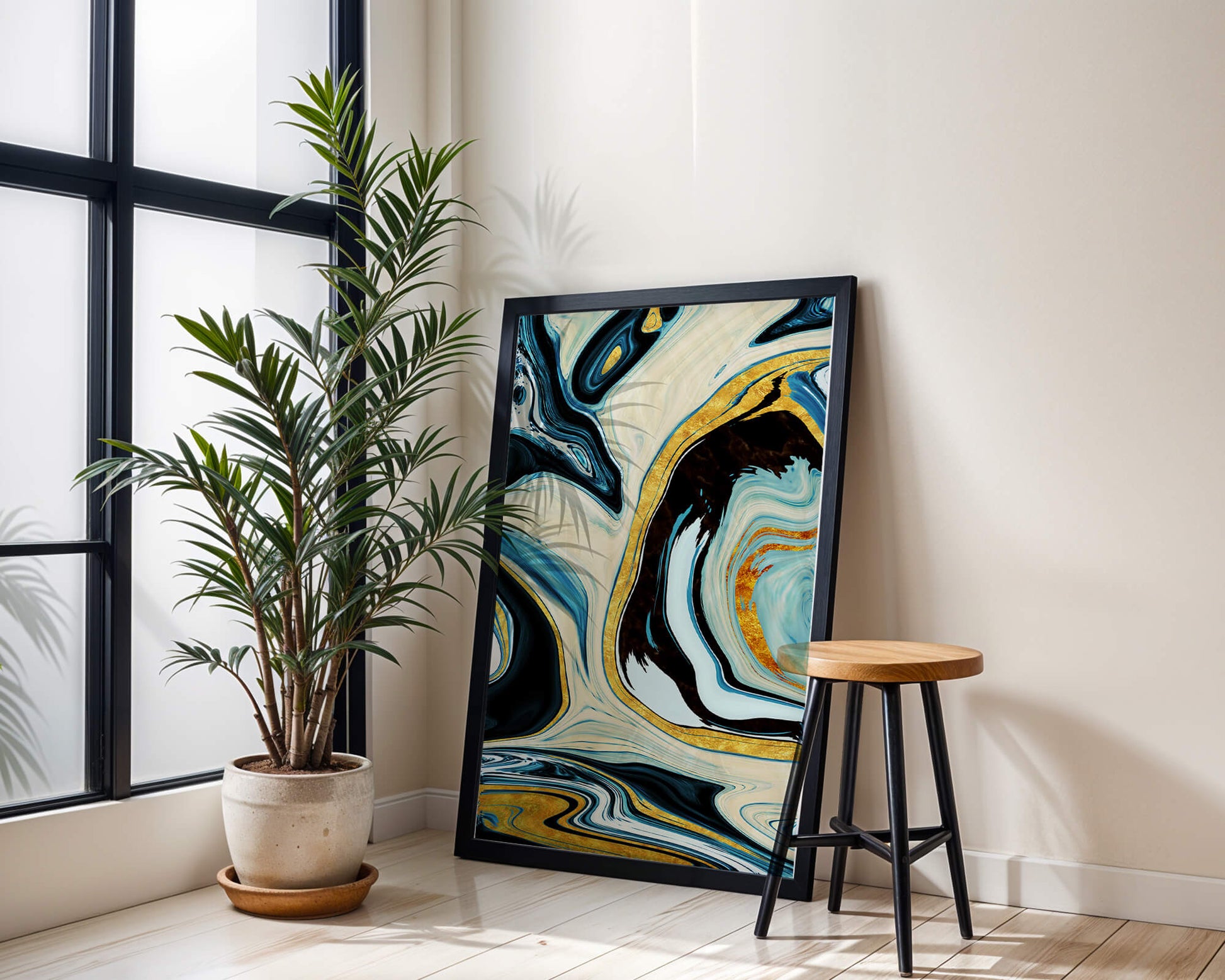 Abstract Marble Art with Gold Accents in Blue and Black Swirls