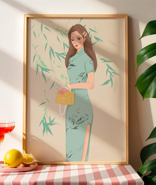 Elegant Woman in Traditional Dress Holding a Yellow Clutch with Bamboo Background