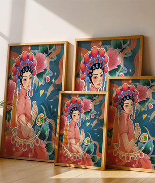 Traditional Asian-inspired illustration with jewelry and floral accents
