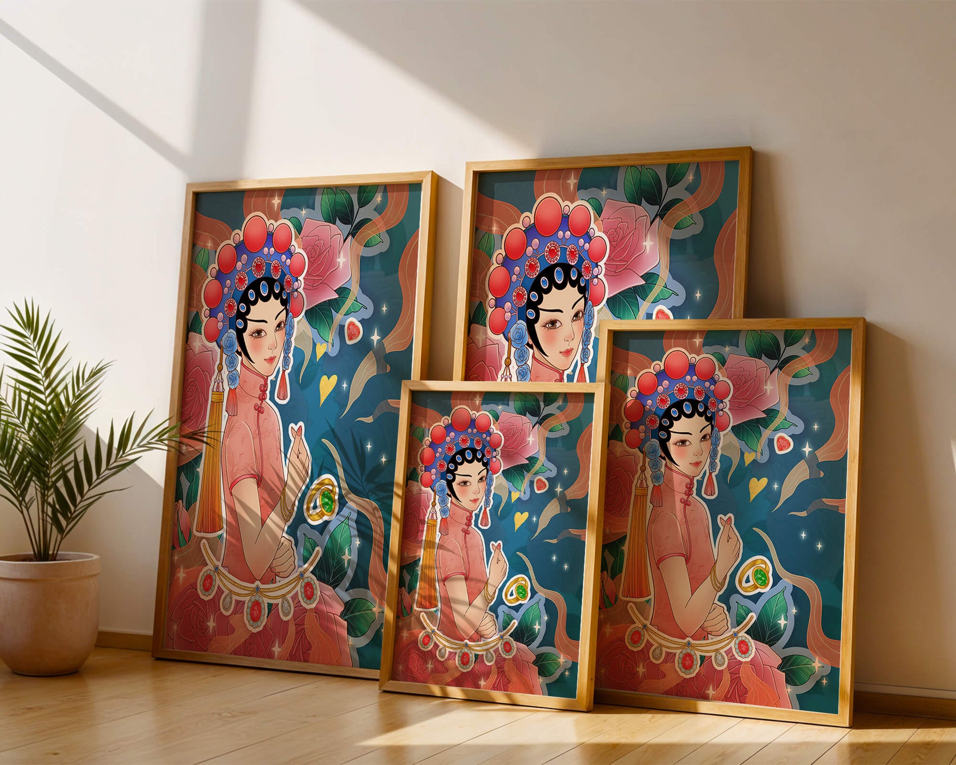 Traditional Asian-inspired illustration with jewelry and floral accents