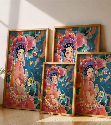 Traditional Asian-inspired illustration with jewelry and floral accents