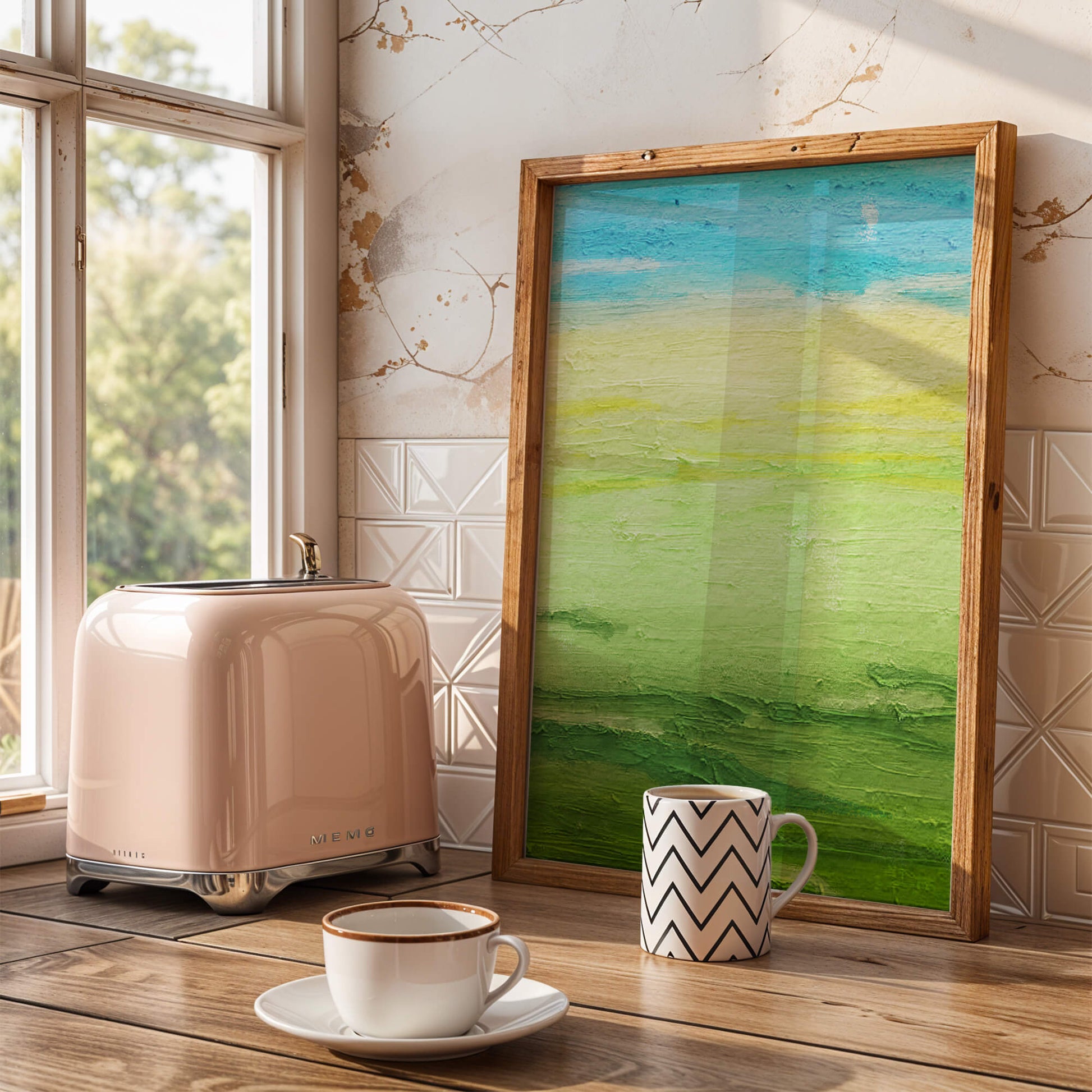 Abstract Landscape with Blue Sky and Green Fields