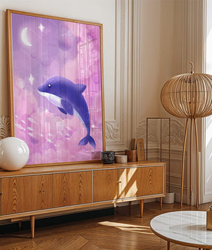 Dreamlike underwater scene with dolphin and moonlit sky