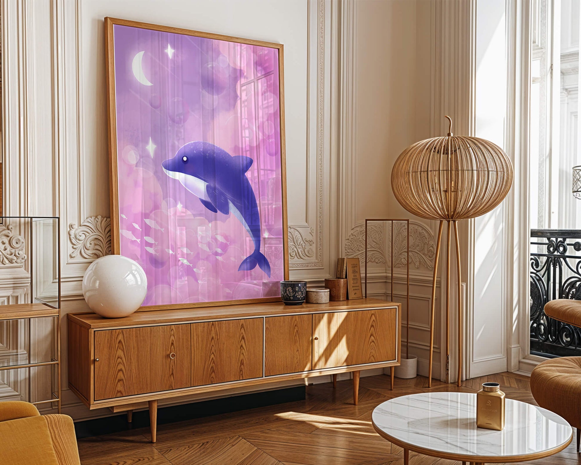 Dreamlike underwater scene with dolphin and moonlit sky
