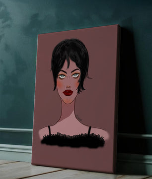 Illustration einer Frau mit kurzen schwarzen Haaren und auffälligem Make-up auf braunem Hintergrund