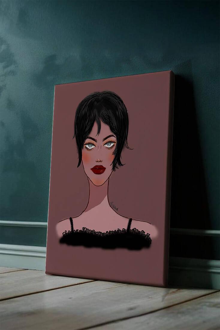 Illustration of a woman with short black hair and striking makeup on a brown background