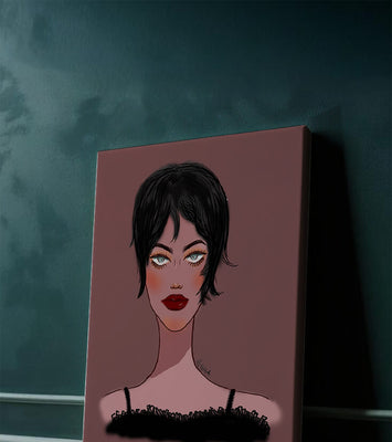 Illustration of a woman with short black hair and striking makeup on a brown background