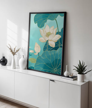 Lotus Flowers with Golden Accents on Aqua Background
