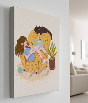 Cozy Reading Corner with Relaxed Girl and Cat