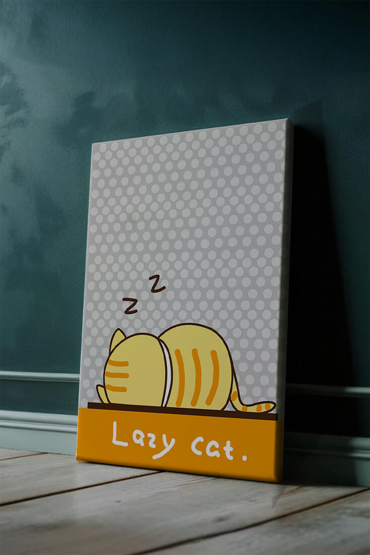 Sleeping cartoon cat with polka dot background