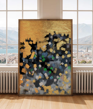 Arte abstracto con dorado y pinceladas coloridas