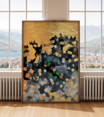 Abstract art with gold and colorful brushstrokes