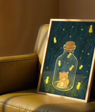 Charming teddy bear in a jar with glowing fireflies