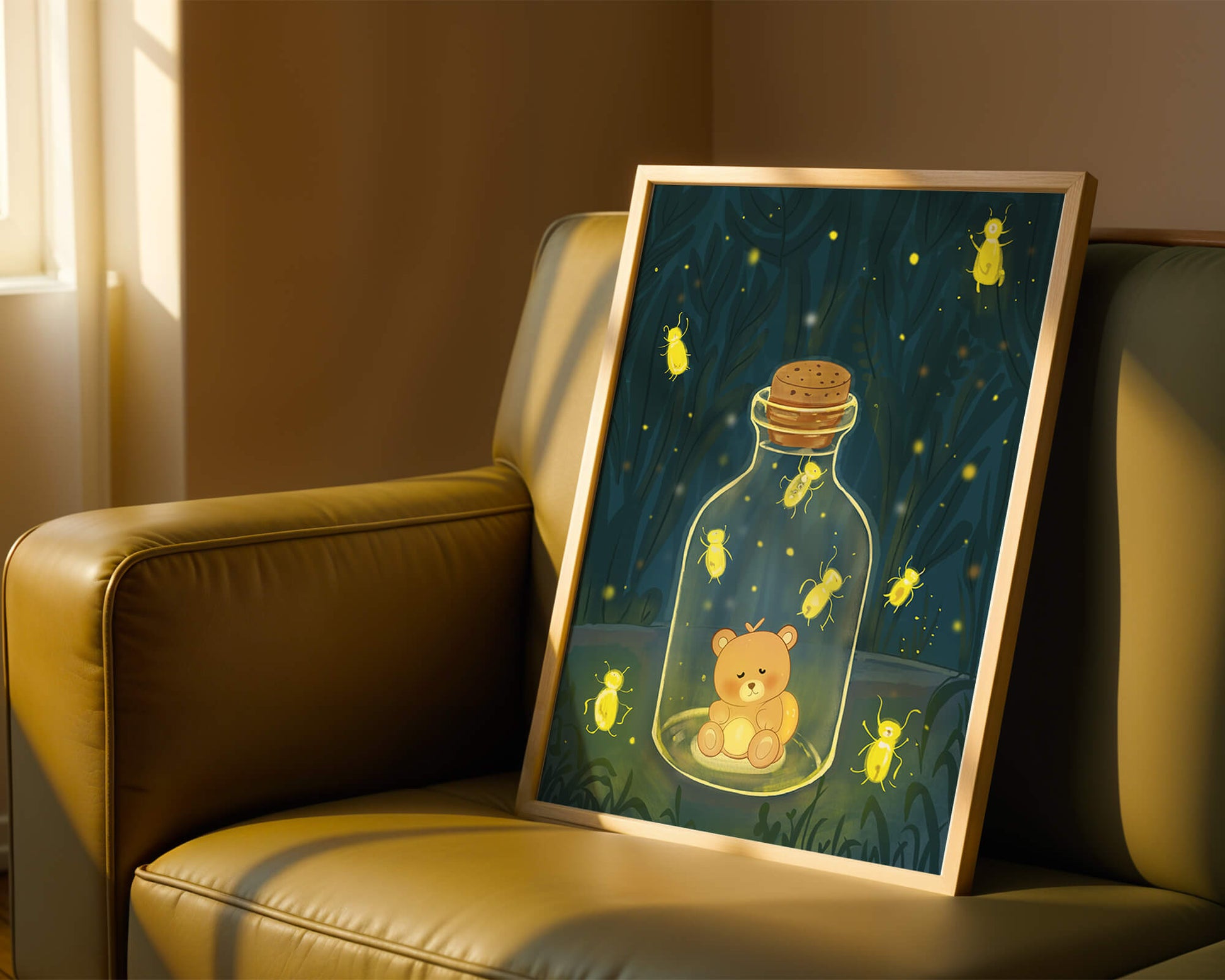Charming teddy bear in a jar with glowing fireflies