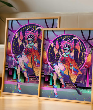 Personaje futurista con atuendo tradicional asiático y telón de fondo de ciudad neón