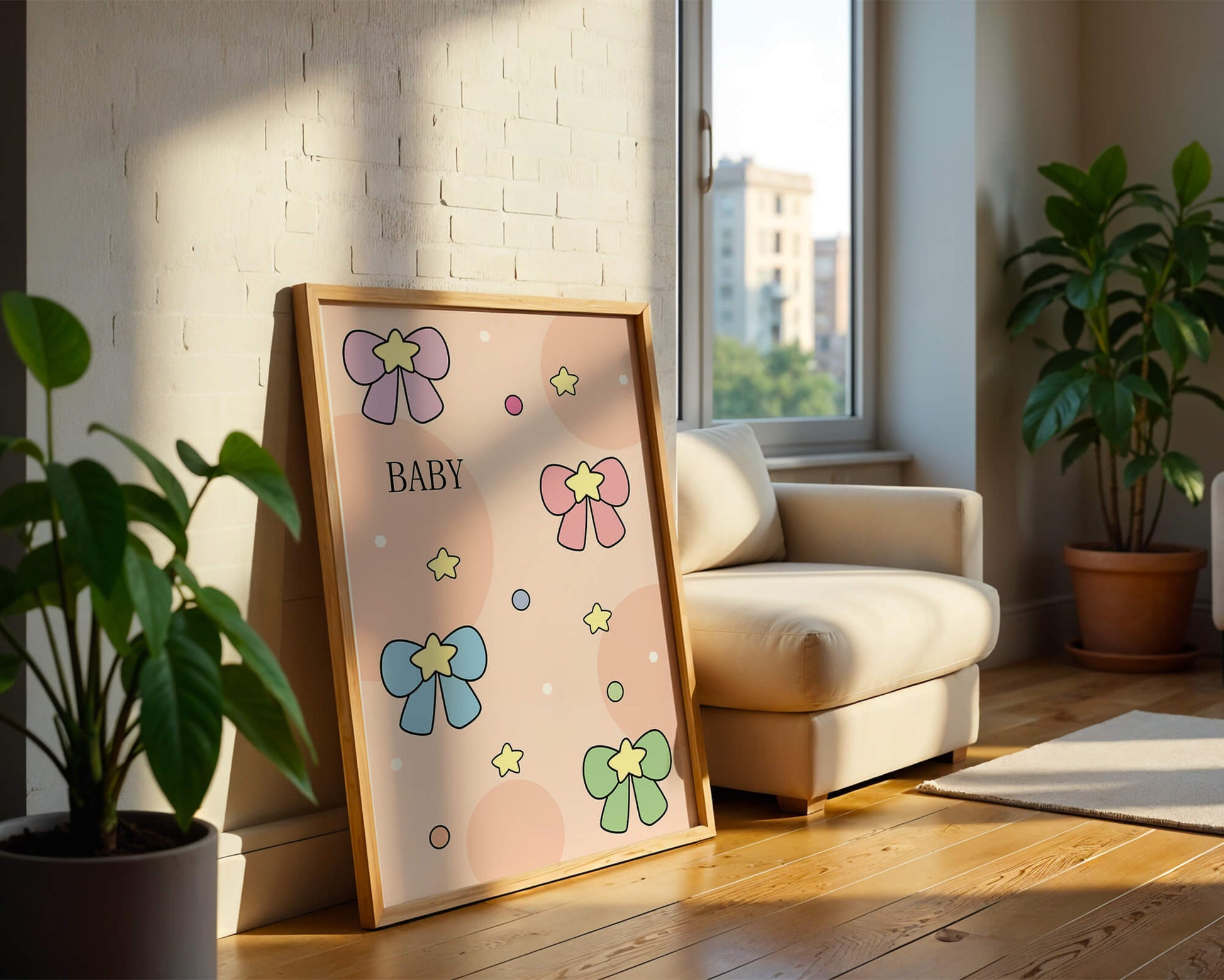 Colorful baby-themed backdrop with bows and stars