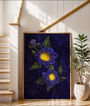 Floral Art with Blue and Yellow Lotus Design on Starry Background