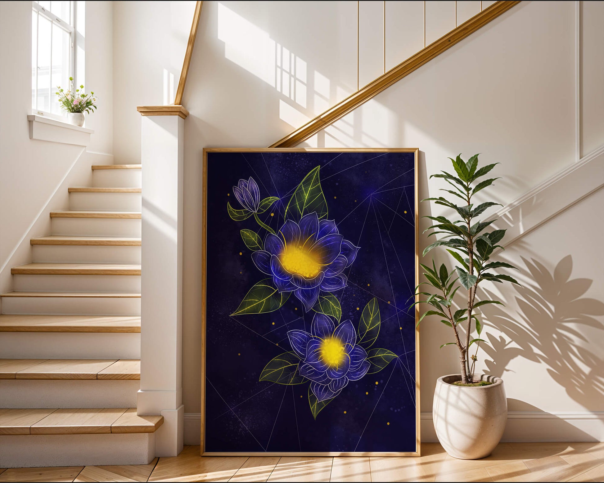 Floral Art with Blue and Yellow Lotus Design on Starry Background
