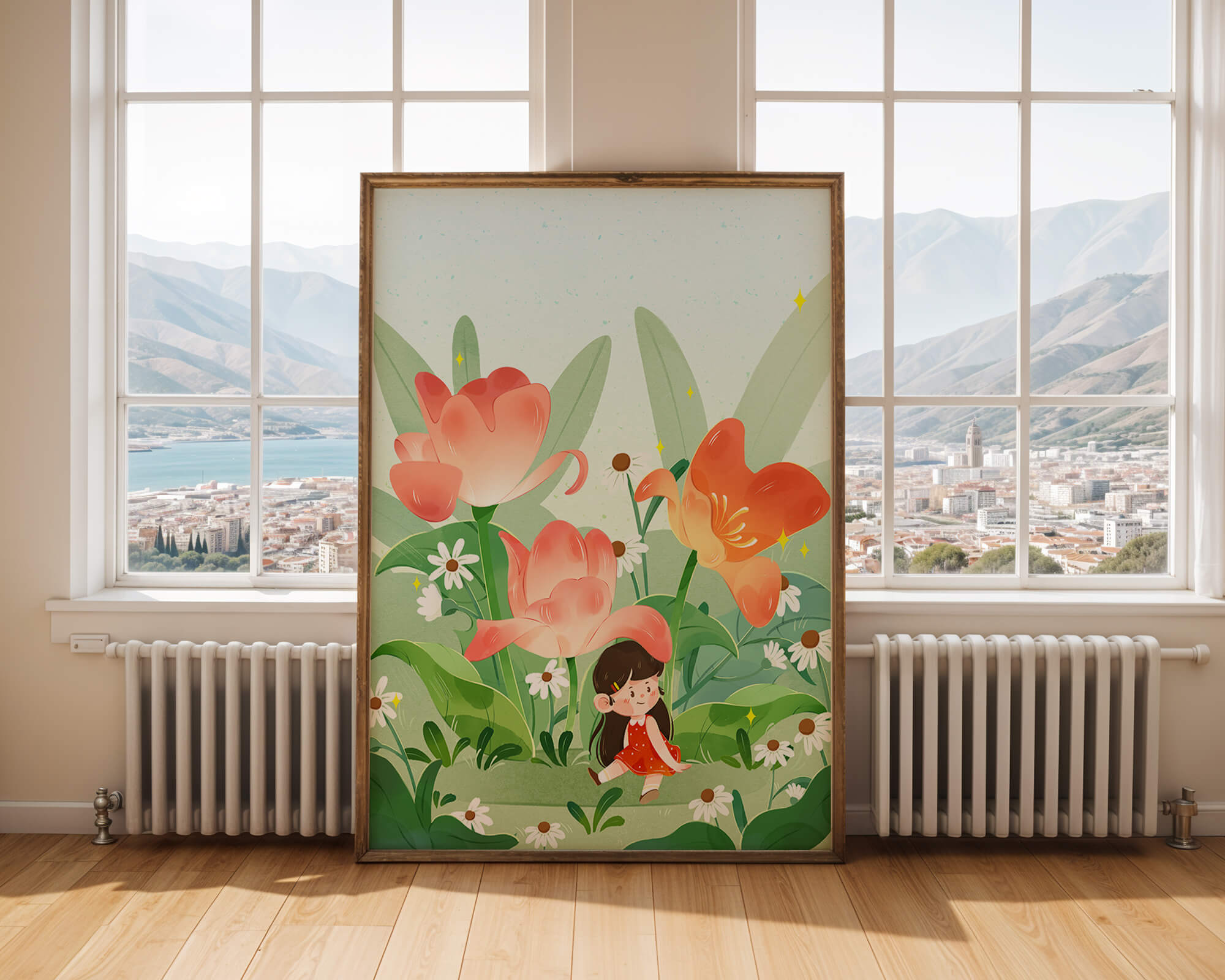 Charming floral garden with whimsical child illustration