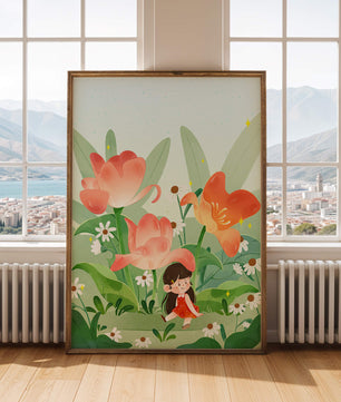 Encantador jardín floral con ilustración de niño caprichoso