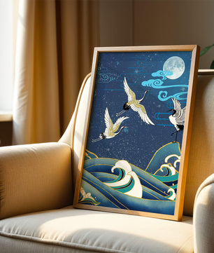 Una escena nocturna serena con grullas y olas al estilo del arte tradicional japonés