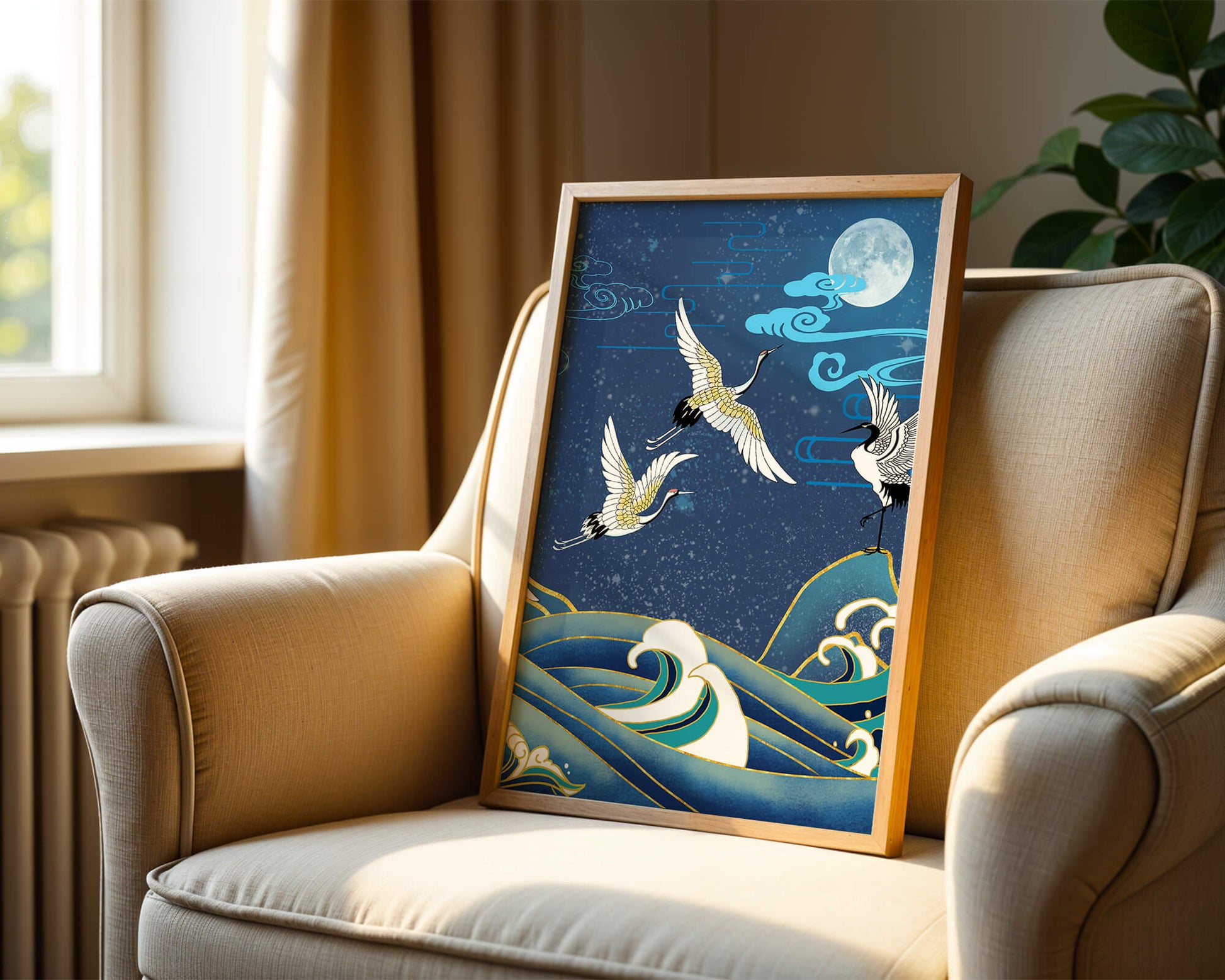 A Serene Night Scene with Cranes and Waves in Traditional Japanese Art Style