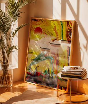 Abstract Landscape with Swirling Colors and Red Sun