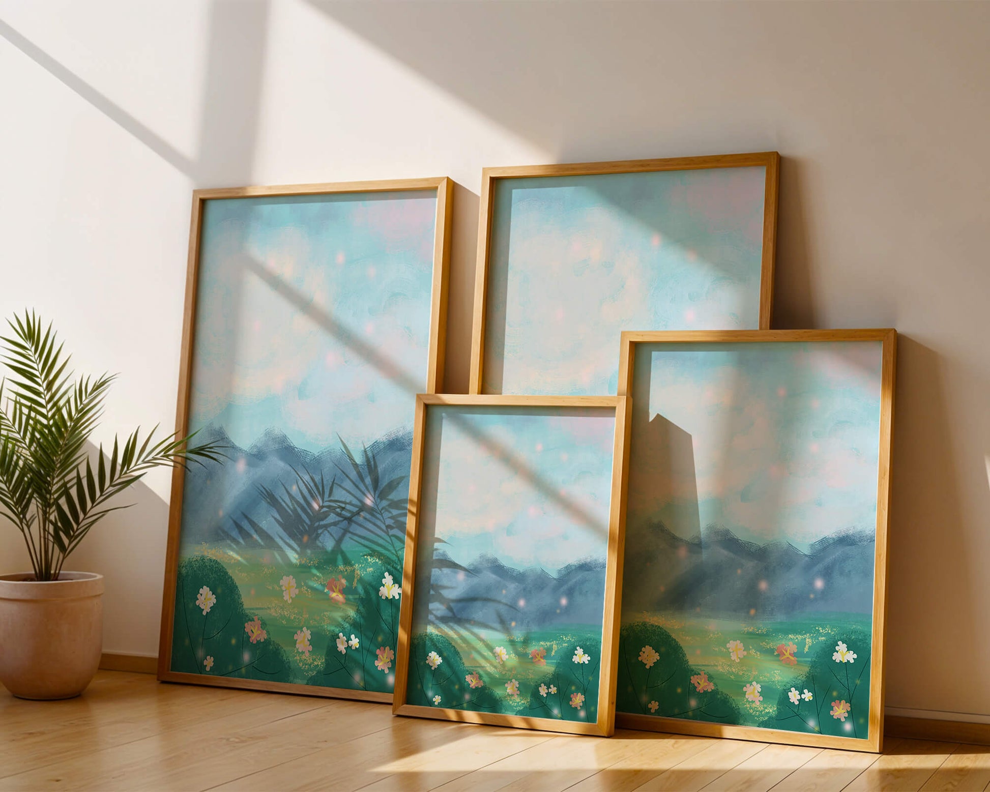 Serene Landscape with Blooming Flowers and Majestic Mountains