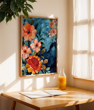 Vibrant floral watercolor design with orange blossoms and blue background