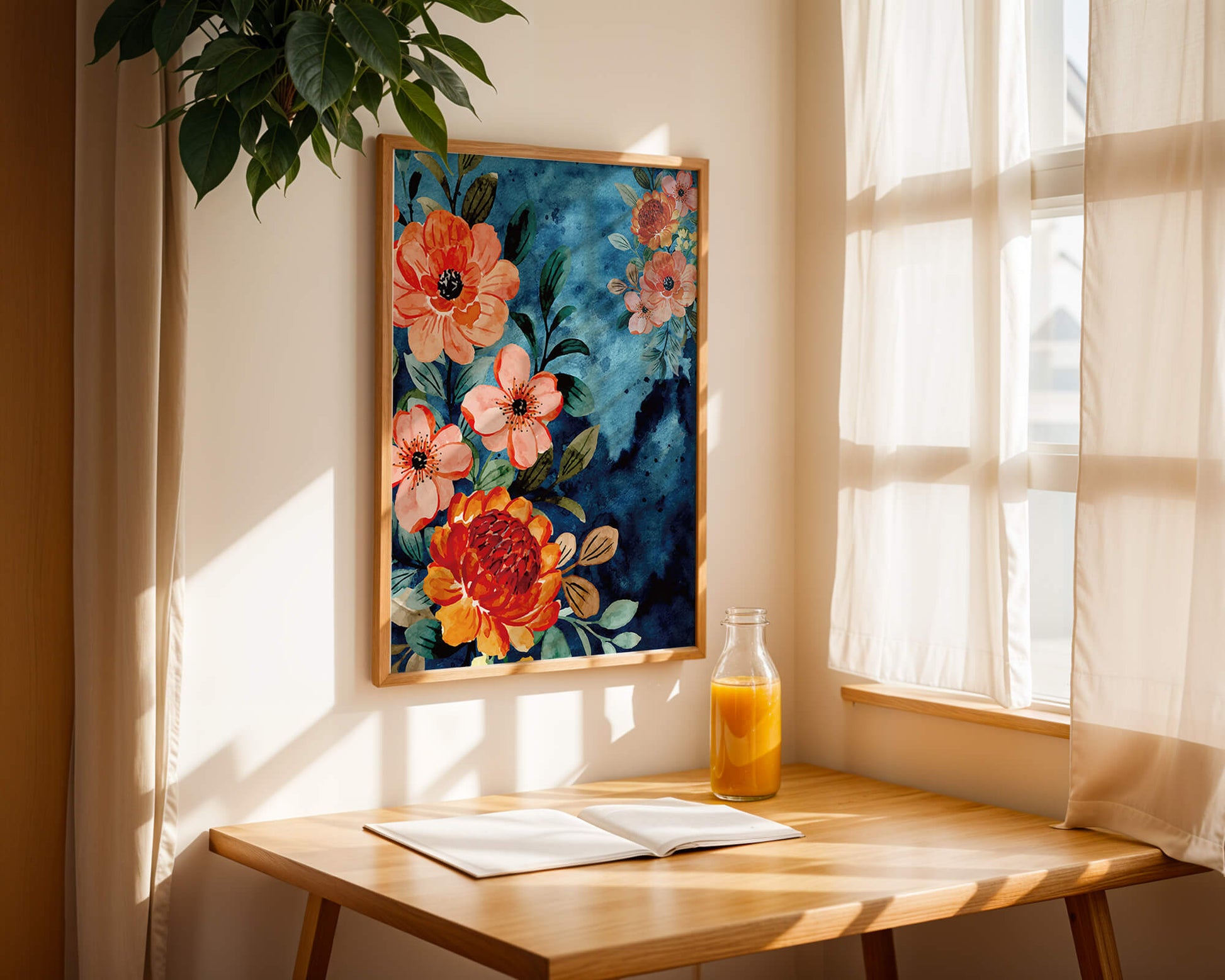 Vibrant floral watercolor design with orange blossoms and blue background