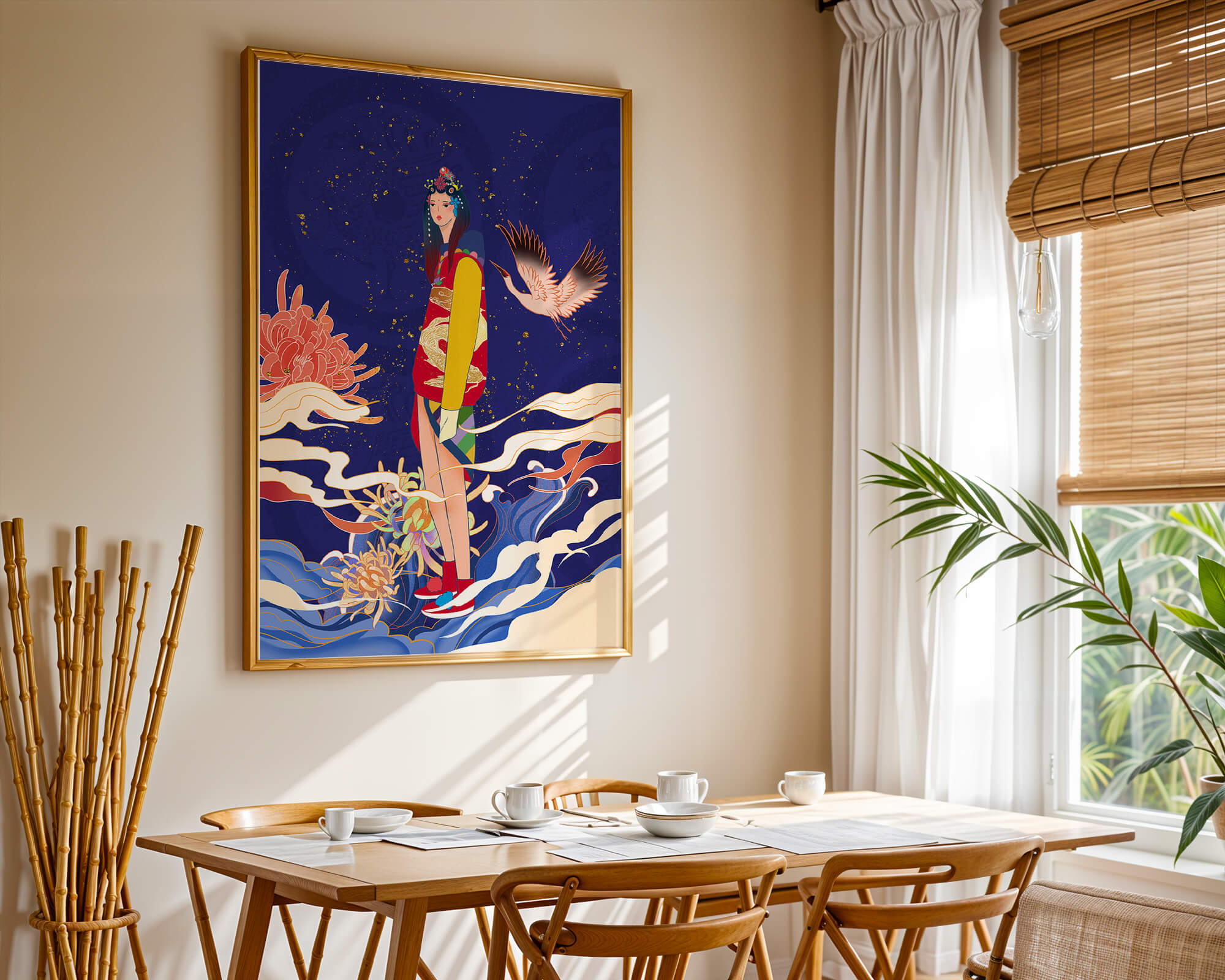 Elegant fusion of traditional and modern art with floral and avian elements