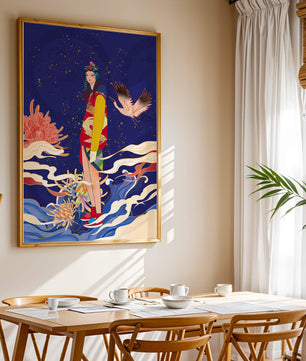 Fusion élégante d’art traditionnel et moderne avec des éléments floraux et aviaires