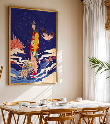 Elegant fusion of traditional and modern art with floral and avian elements
