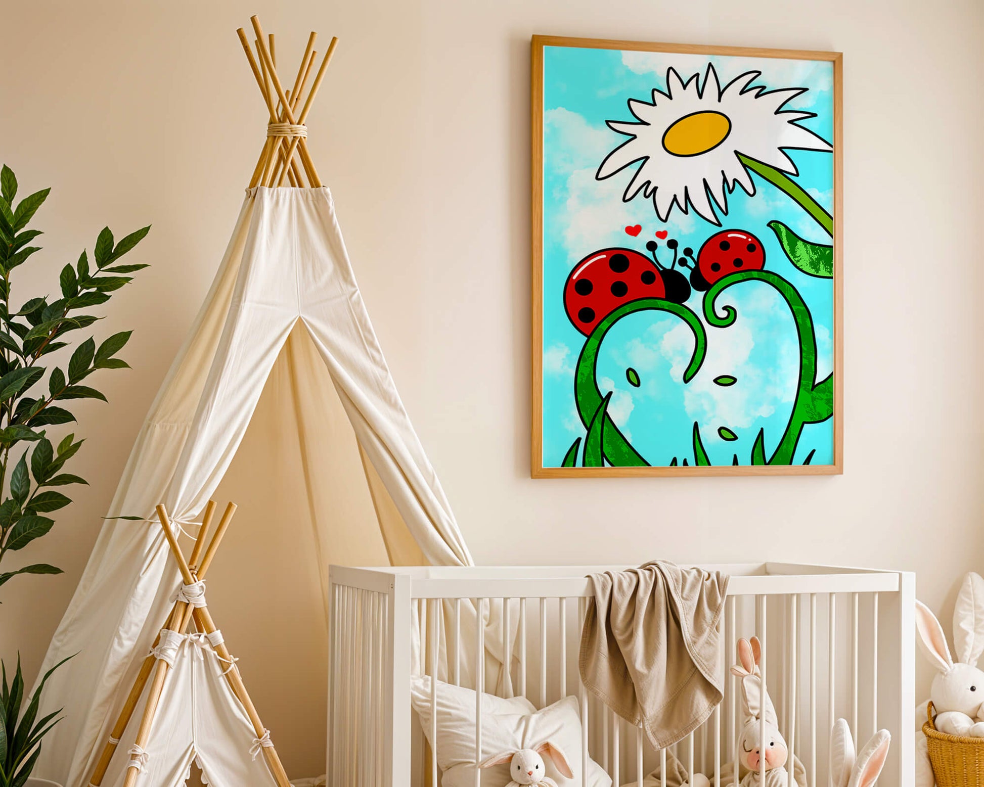 Ladybugs in love beneath a daisy on a bright sky