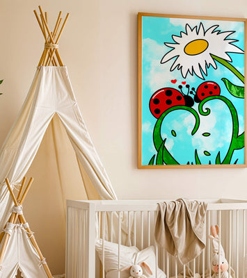 Ladybugs in love beneath a daisy on a bright sky